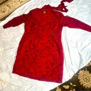 Ashley Stewart Burgundy Paisley &  sequence, Dress Bowtie Neck Dress